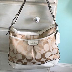 Adjustable purse, pink lining; sm. zippered bag.